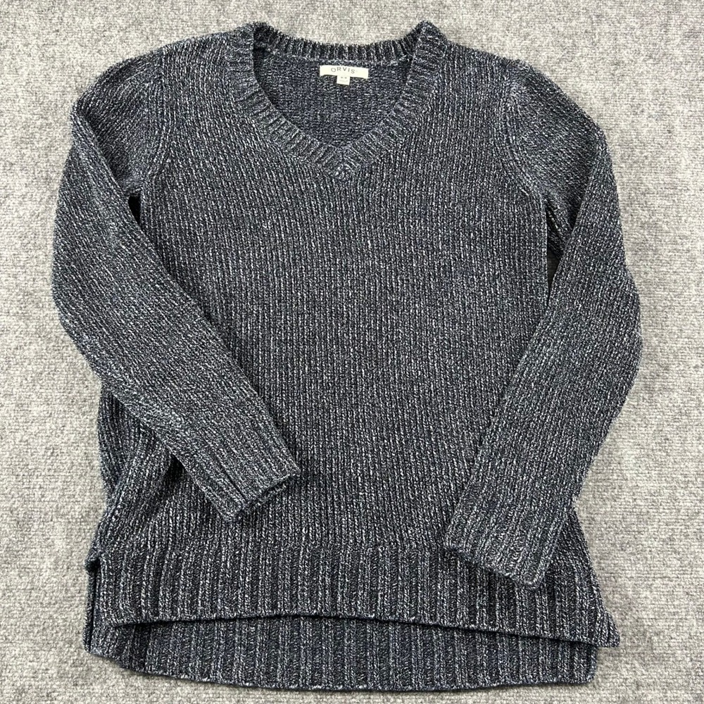 Orvis V-Neck Sweater Womens Medium Navy Blue Marled Knit Ribbed Pullover Top